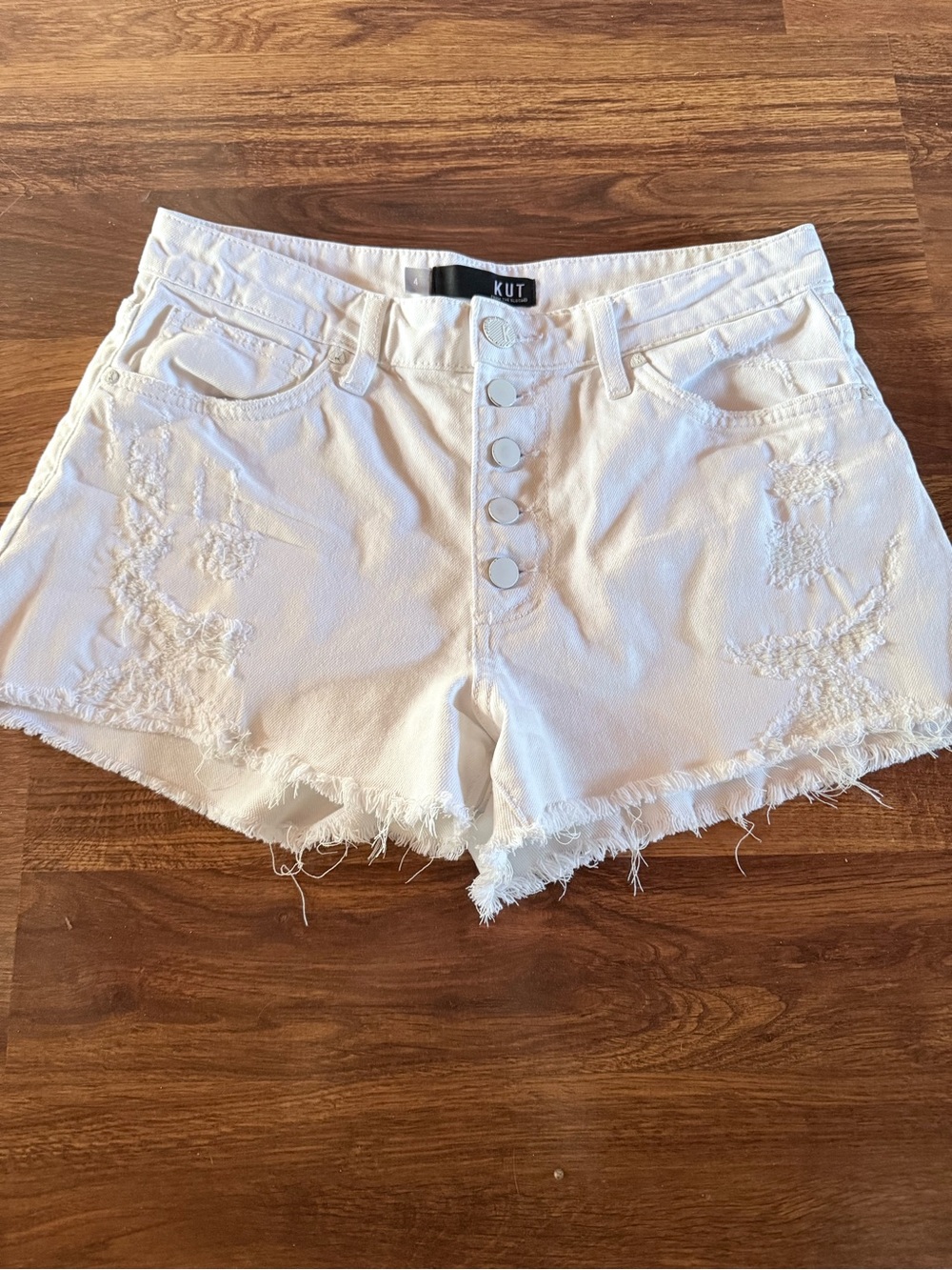 Kut from the Kloth White Frayed Button-Front Denim Shorts